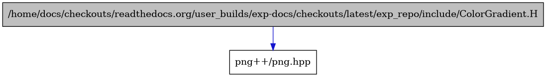 digraph {
    graph [bgcolor="#00000000"]
    node [shape=rectangle style=filled fillcolor="#FFFFFF" font=Helvetica padding=2]
    edge [color="#1414CE"]
    "1" [label="/home/docs/checkouts/readthedocs.org/user_builds/exp-docs/checkouts/latest/exp_repo/include/ColorGradient.H" tooltip="/home/docs/checkouts/readthedocs.org/user_builds/exp-docs/checkouts/latest/exp_repo/include/ColorGradient.H" fillcolor="#BFBFBF"]
    "2" [label="png++/png.hpp" tooltip="png++/png.hpp"]
    "1" -> "2" [dir=forward tooltip="include"]
}