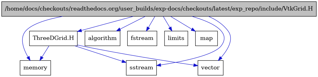 digraph {
    graph [bgcolor="#00000000"]
    node [shape=rectangle style=filled fillcolor="#FFFFFF" font=Helvetica padding=2]
    edge [color="#1414CE"]
    "9" [label="ThreeDGrid.H" tooltip="ThreeDGrid.H"]
    "1" [label="/home/docs/checkouts/readthedocs.org/user_builds/exp-docs/checkouts/latest/exp_repo/include/VtkGrid.H" tooltip="/home/docs/checkouts/readthedocs.org/user_builds/exp-docs/checkouts/latest/exp_repo/include/VtkGrid.H" fillcolor="#BFBFBF"]
    "2" [label="algorithm" tooltip="algorithm"]
    "3" [label="fstream" tooltip="fstream"]
    "7" [label="limits" tooltip="limits"]
    "8" [label="map" tooltip="map"]
    "6" [label="memory" tooltip="memory"]
    "4" [label="sstream" tooltip="sstream"]
    "5" [label="vector" tooltip="vector"]
    "9" -> "5" [dir=forward tooltip="include"]
    "9" -> "4" [dir=forward tooltip="include"]
    "9" -> "6" [dir=forward tooltip="include"]
    "1" -> "2" [dir=forward tooltip="include"]
    "1" -> "3" [dir=forward tooltip="include"]
    "1" -> "4" [dir=forward tooltip="include"]
    "1" -> "5" [dir=forward tooltip="include"]
    "1" -> "6" [dir=forward tooltip="include"]
    "1" -> "7" [dir=forward tooltip="include"]
    "1" -> "8" [dir=forward tooltip="include"]
    "1" -> "9" [dir=forward tooltip="include"]
}